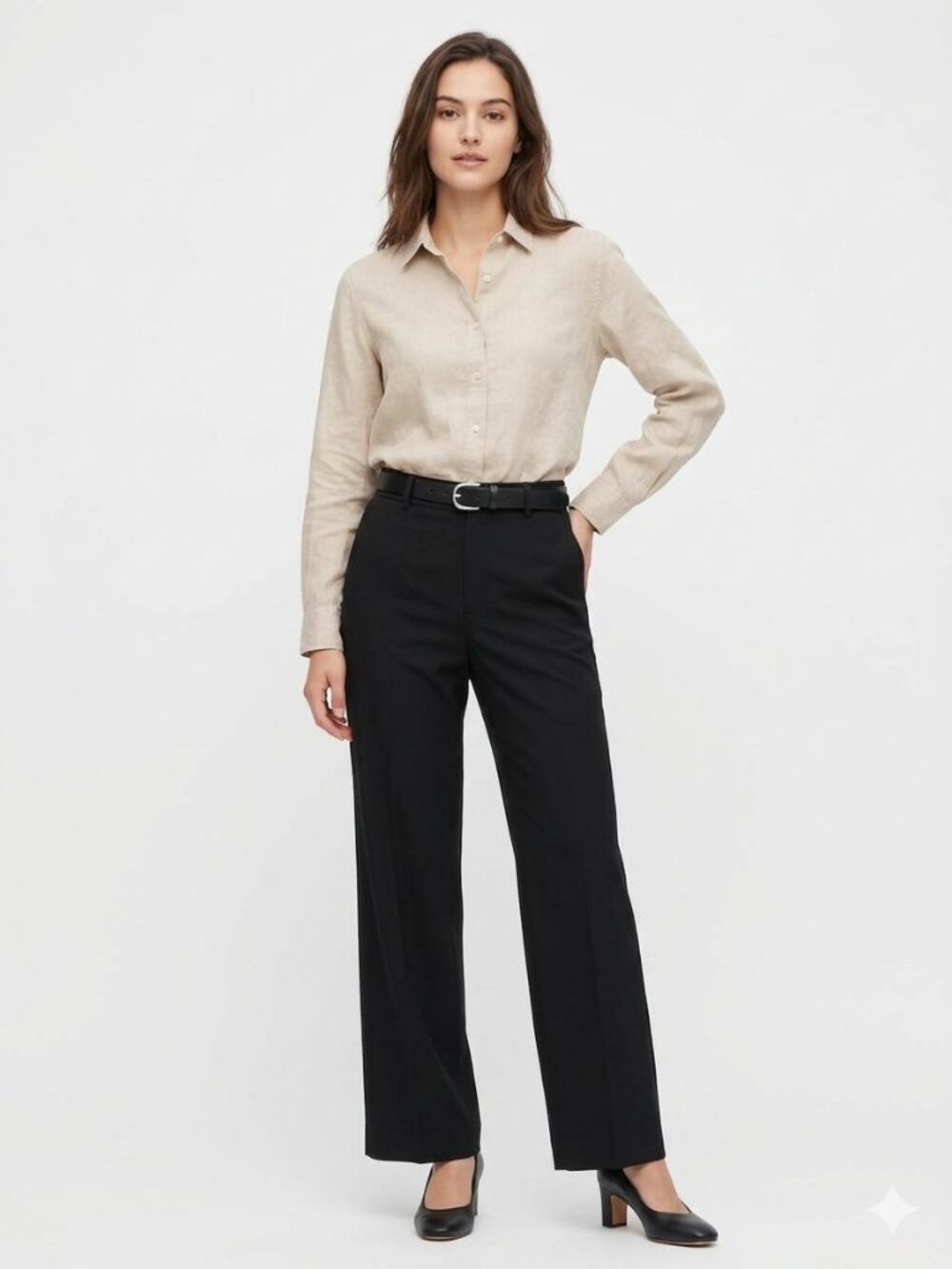 Uniqlo 100% Linen Tan Long Sleeve Button Blouse Top M